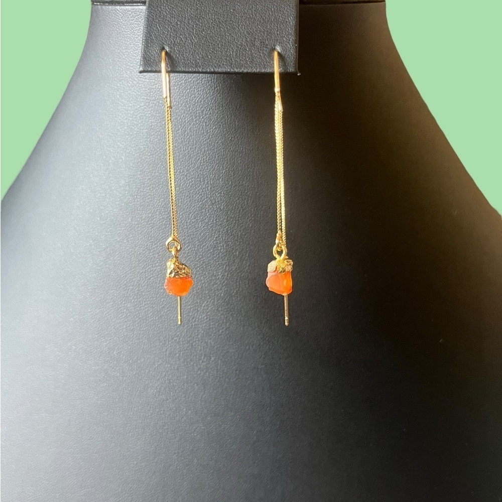 Raw Carnelian Gold Threader Earrings - Picture 2 of 3